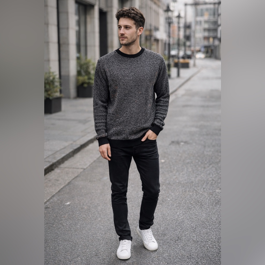 Asos Microherringbone Knit Sweater Neon Fleck Crewneck Pullover Men L Black Gray